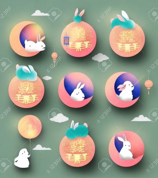 Mid Autumn Festival Concept Design with Cute Rabbits, Bunnies and Moon Illustrations. Chinese, Korean, Asian Mooncake festival celebration