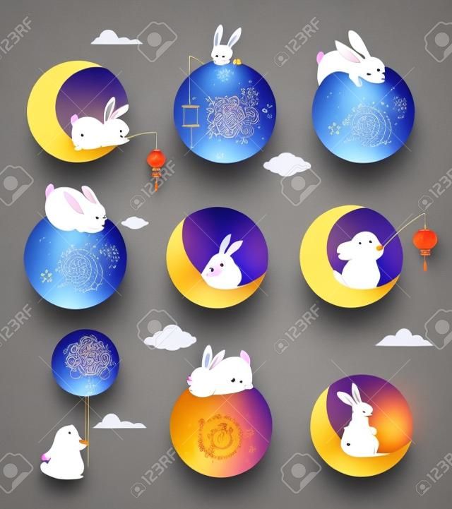 귀여운 토끼, 토끼, 달 삽화가 포함된 중추절 컨셉 디자인. 중국, 한국, 아시아 월병 축제 축하