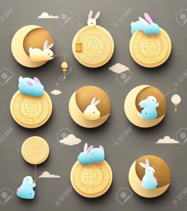 Concept design del festival di metà autunno con simpatici conigli, coniglietti e illustrazioni lunari. celebrazione del festival del mooncake cinese, coreano e asiatico
