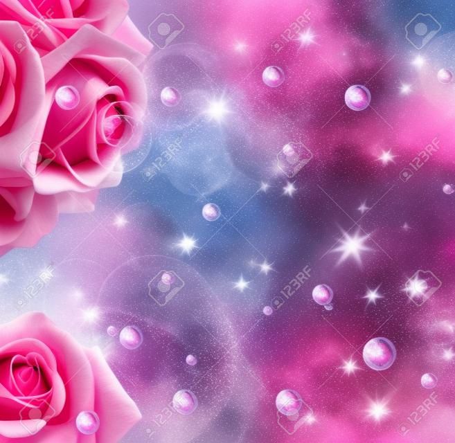 Rosas de color rosa, estrellas y burbujas