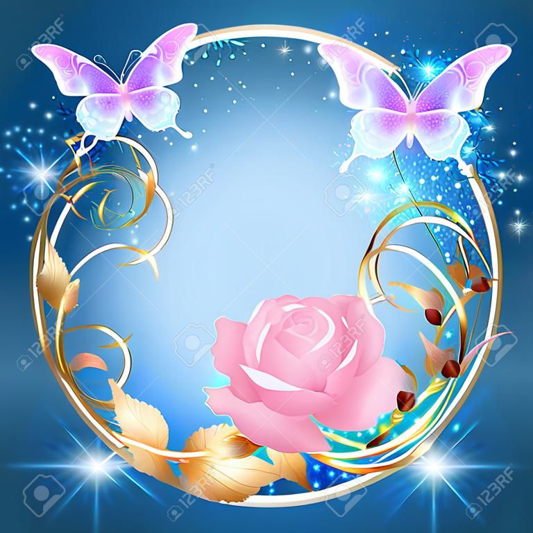 Transparent  butterflies and pink rose with decorative golden round frame on glowing stars background