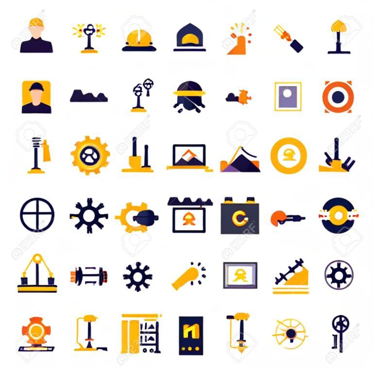 Engineering and manufacturing icon set in flat style. Vector symbols.