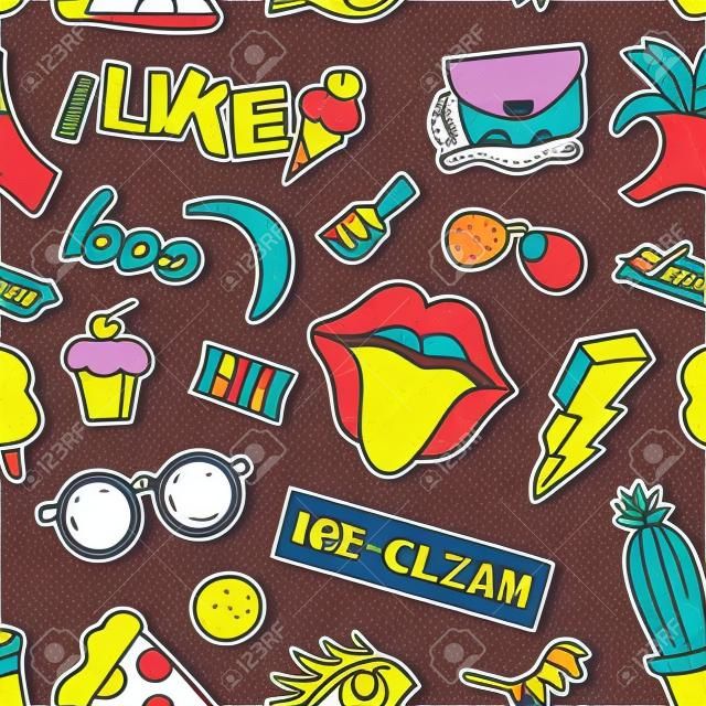 Seamless pattern with fashion patch badges. Pop art. Vector background with stickers, pins, patches in cartoon 80s-90s comic style. Lips, eyes, hearts, sun, ice cream, pizza. Vector clip-art.