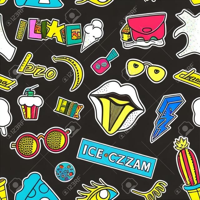 Seamless pattern with fashion patch badges. Pop art. Vector background with stickers, pins, patches in cartoon 80s-90s comic style. Lips, eyes, hearts, sun, ice cream, pizza. Vector clip-art.