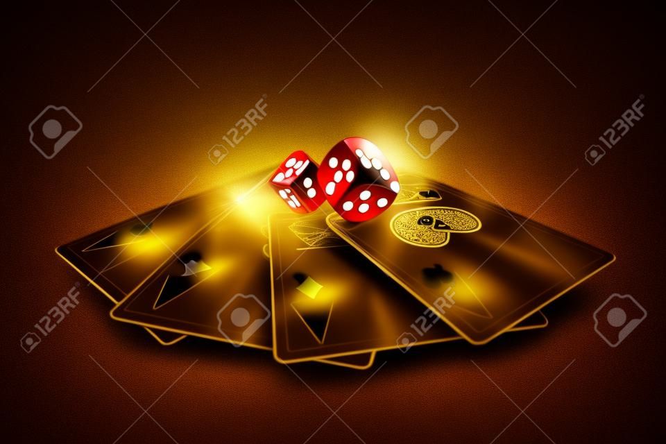 Modello di poker creativo, design di sfondo con carte da gioco dorate e fiches da poker su sfondo scuro. Concetto di casinò, gioco d'azzardo, intestazione per il sito. Copia spazio, illustrazione 3D, rendering 3D
