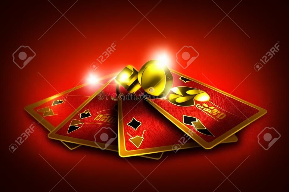 Creatieve poker template, achtergrond ontwerp met gouden speelkaarten en poker chips op een donkere achtergrond. Casino concept, gokken, header voor de site. Kopieer ruimte, 3D-illustratie, 3D render
