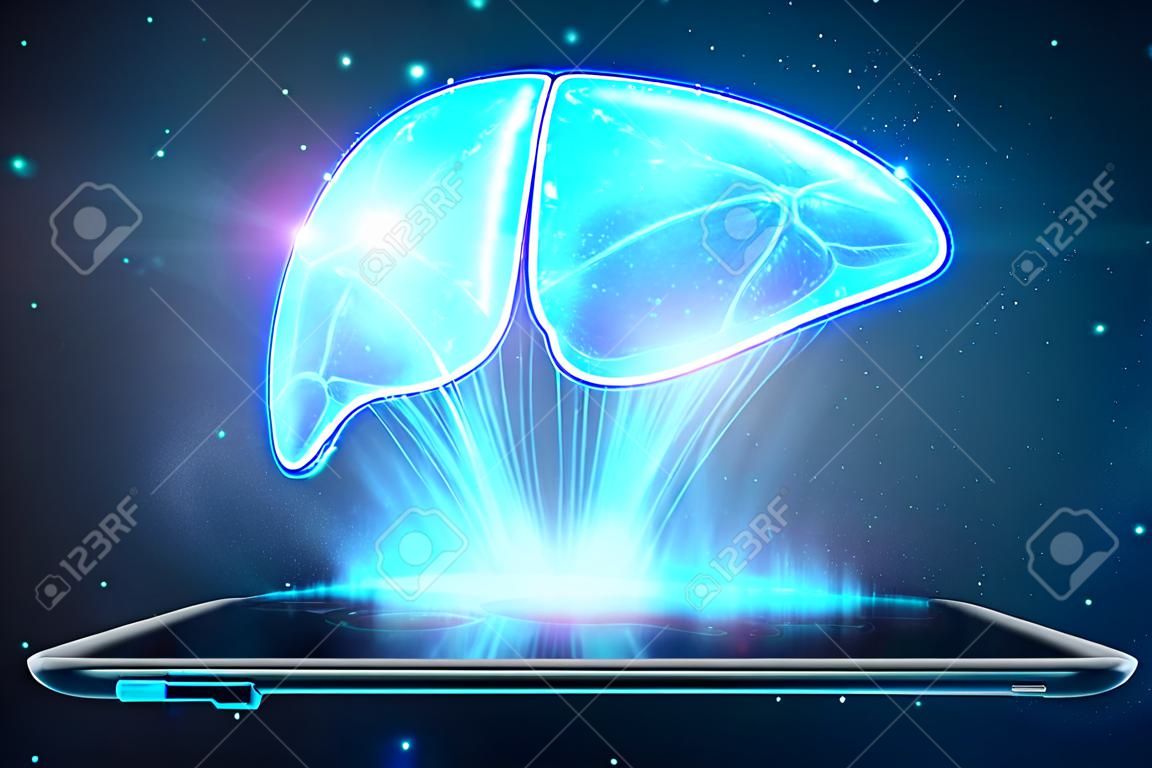 Liver hologram on a tablet, liver pain. Concept for technology, hepatitis treatment, donation, online diagnostics