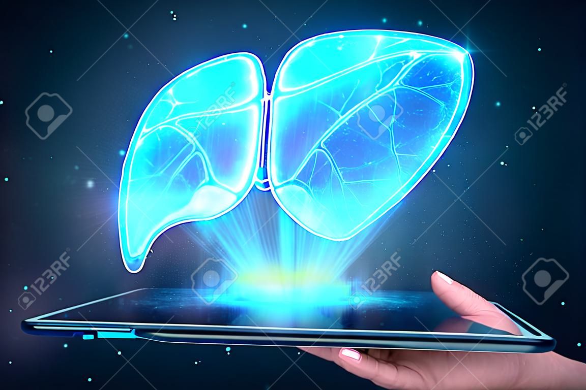 Liver hologram on a tablet, liver pain. Concept for technology, hepatitis treatment, donation, online diagnostics