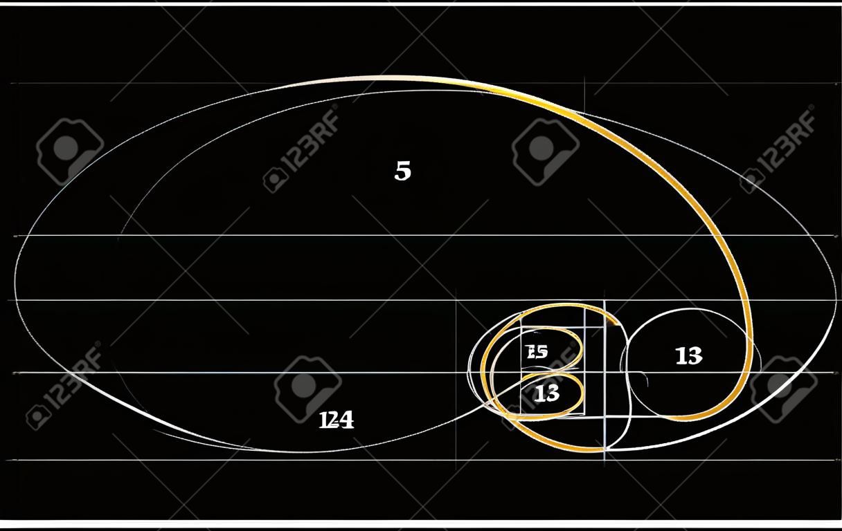 Leonardo da Vinci day. The golden ratio template spiral. Fibonacci number. Circles in golden proportion icon. Mathematics with formula code. Drawing Physics, grid divine proportion. line pattern. Geome