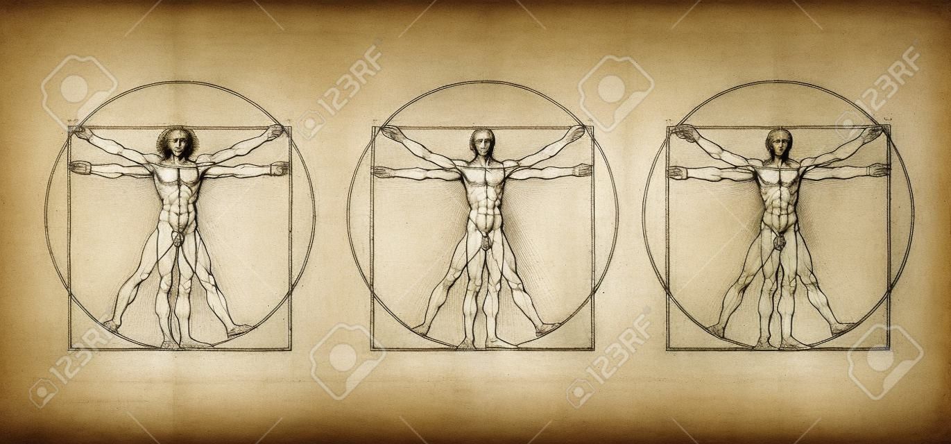 Vitruvian Man by Leonardo Da Vinci. Concept of scientific propotion, drawing vitruvian Man about human anatomy (executed circa 1490) by ancient manuscript of Roman master Marcus Vitruvius Pollio.