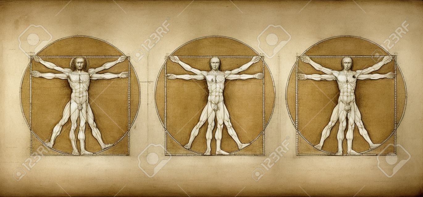 L'uomo vitruviano di Leonardo Da Vinci. Concetto di proposizione scientifica, disegno dell'Uomo vitruviano sull'anatomia umana (eseguito intorno al 1490) dall'antico manoscritto del maestro romano Marco Vitruvio Pollio.