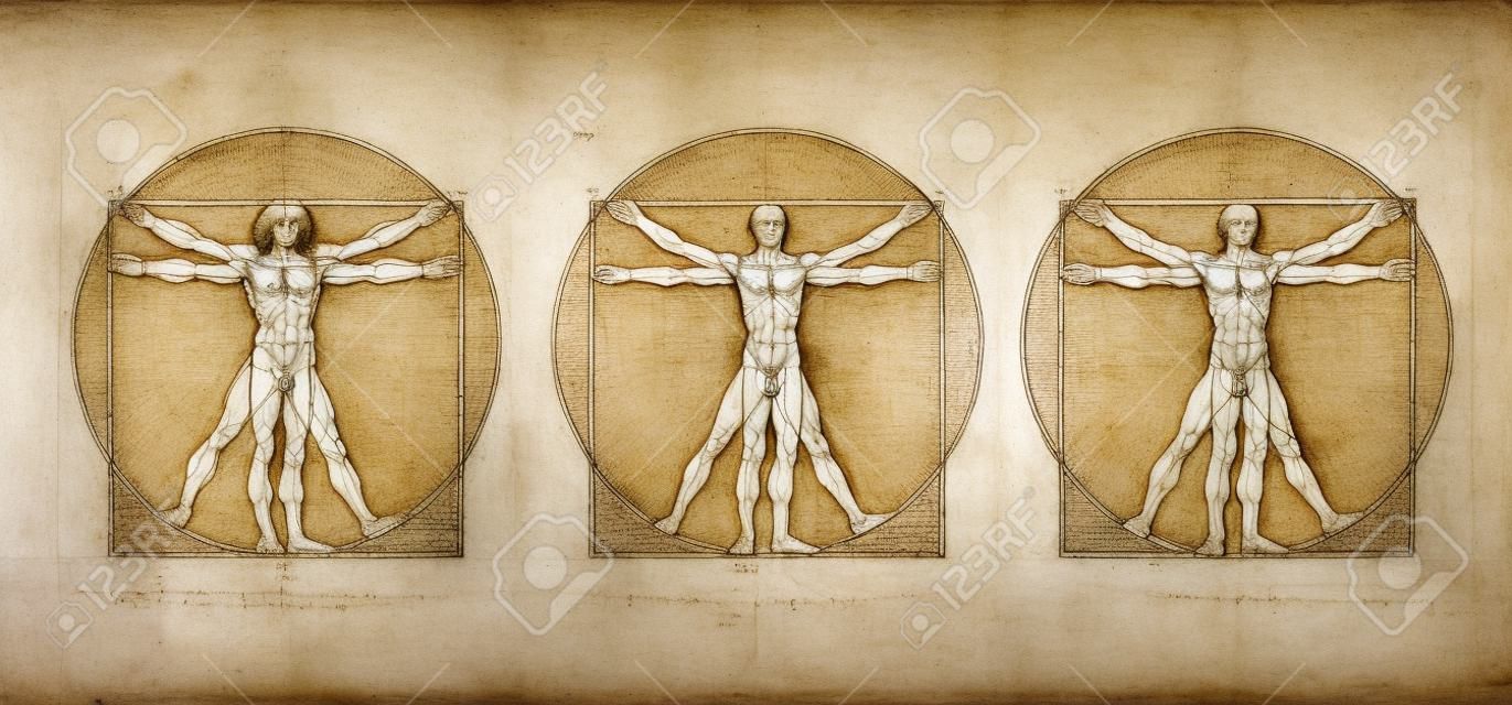 El Hombre de Vitruvio de Leonardo Da Vinci. Concepto de proposición científica, dibujando al Hombre vitruvio sobre la anatomía humana (ejecutado alrededor de 1490) por un antiguo manuscrito del maestro romano Marcus Vitruvius Pollio.