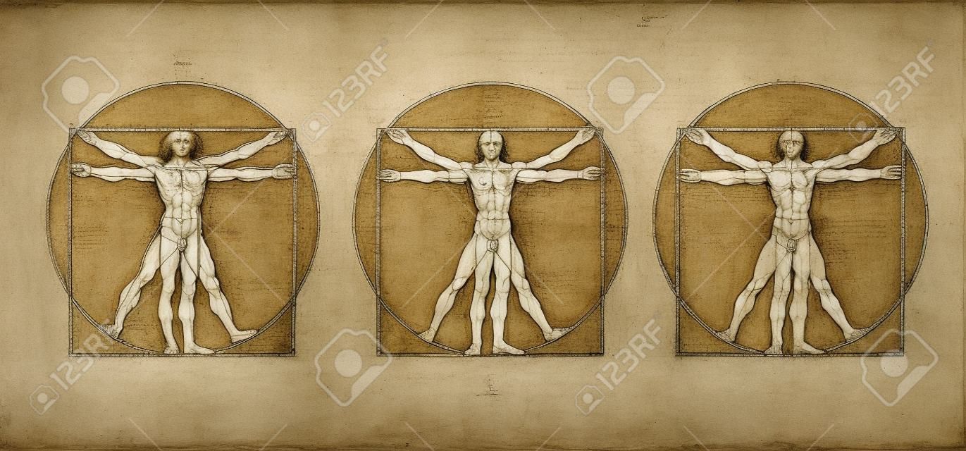 Vitruvian Man by Leonardo Da Vinci. Concept of scientific propotion, drawing vitruvian Man about human anatomy (executed circa 1490) by ancient manuscript of Roman master Marcus Vitruvius Pollio.