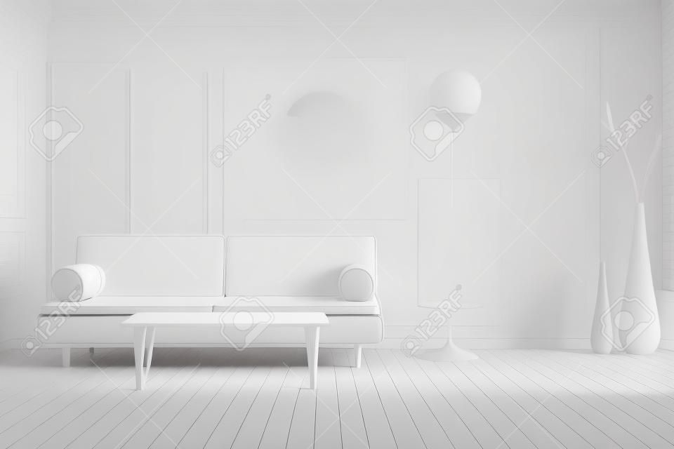 3D weergave van een witte kamer met een bank