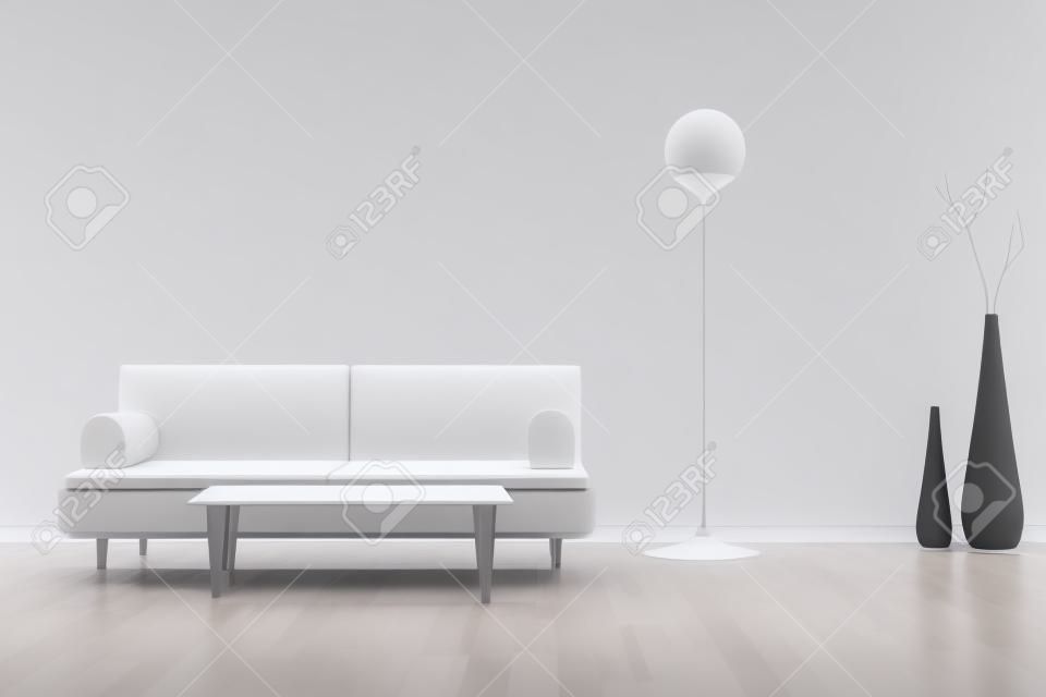 3D-Rendering von einem weißen Raum mit einem Sofa