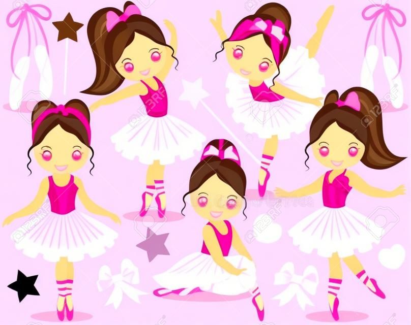 Vector set with cute little ballerinas, bows and ballet shoes. Vector little ballerinas in pink tutu dresses. Little ballerinas vector illustration