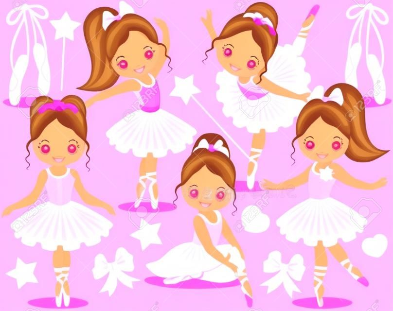 Sevimli küçük balerinler, yaylar ve bale ayakkabıları ile vektör seti. Pembe tutu elbiseli vektör küçük balerinler. Küçük balerinler vektör illüstrasyonu