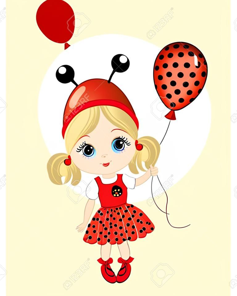 Vector cute little girl with balloons. Little girl dressed in ladybug style. Little girl vector illustration