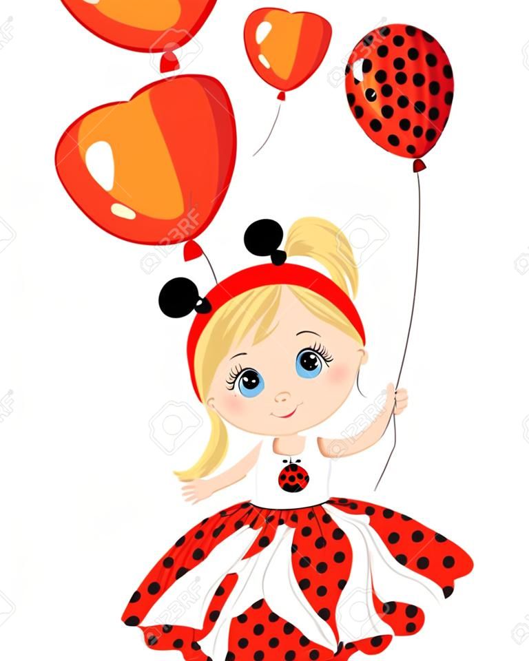 Vector cute little girl with balloons. Little girl dressed in ladybug style. Little girl vector illustration