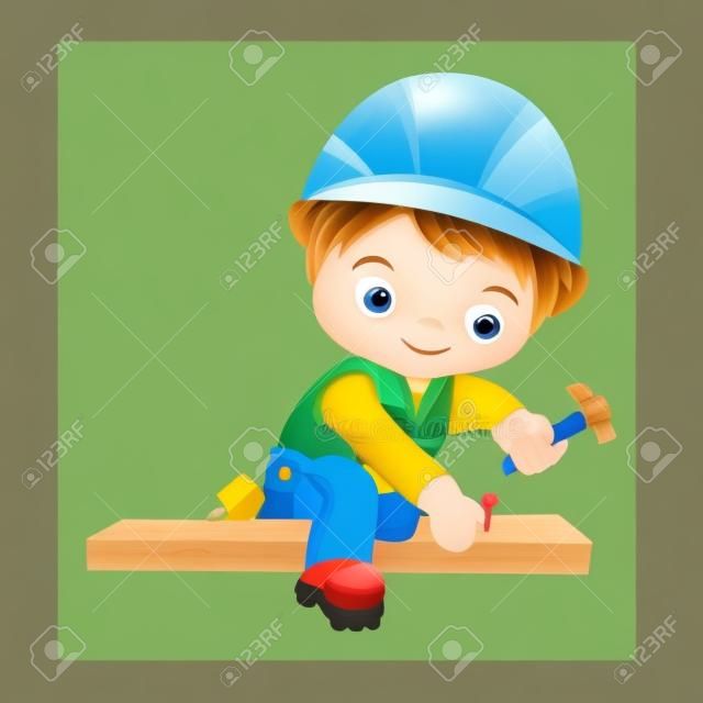 Vector cute little boy hammering nails. Vector construction. Little builder vector illustration