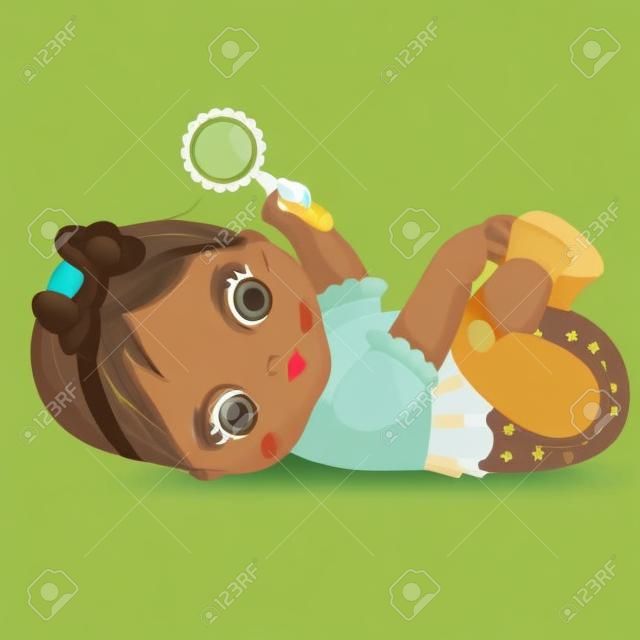 Vector schattig Afrikaans Amerikaans meisje met ratel. Vector baby meisje. Afro-Amerikaanse baby meisje vector illustratie.
