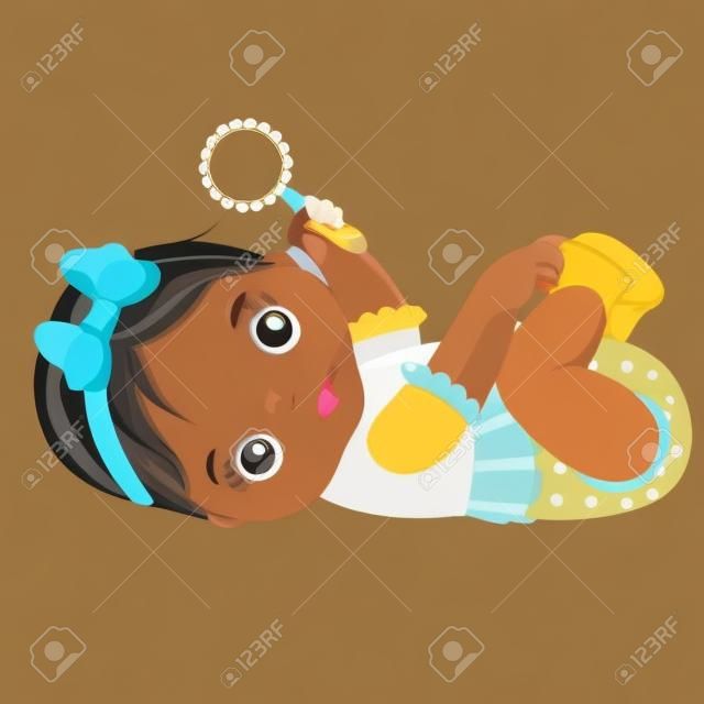 벡터 귀여운 아프리카 계 미국인 아기 소녀와 딸 랑이입니다. 벡터 아기 소녀입니다. 아프리카 계 미국인 아기 소녀 벡터 일러스트 레이 션.