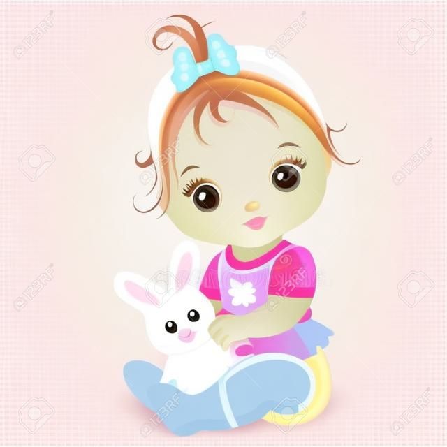 Vector cute baby girl with toy bunny. Vector baby girl. Baby girl vector illustration