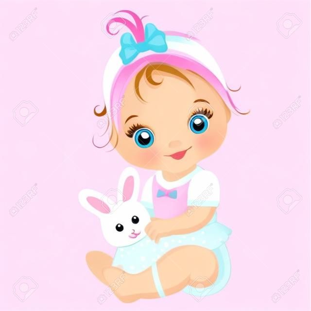 Vector cute baby girl with toy bunny. Vector baby girl. Baby girl vector illustration