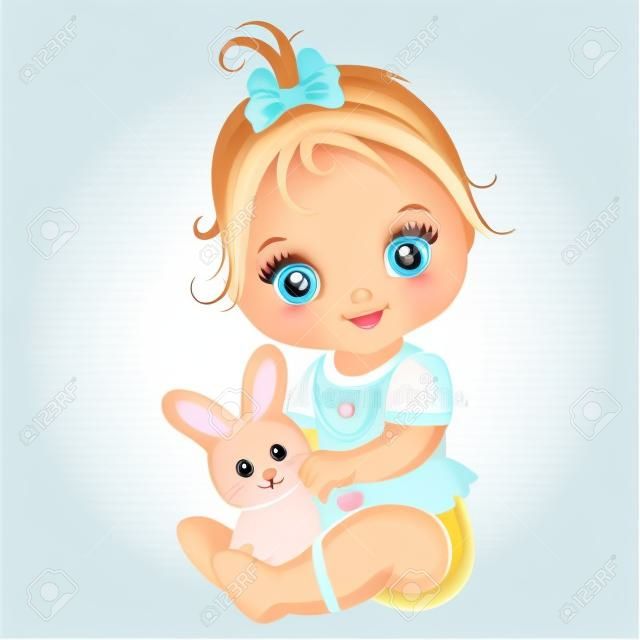 Vector la neonata sveglia con il coniglietto del giocattolo. Vector bambina. Illustrazione vettoriale di bambina