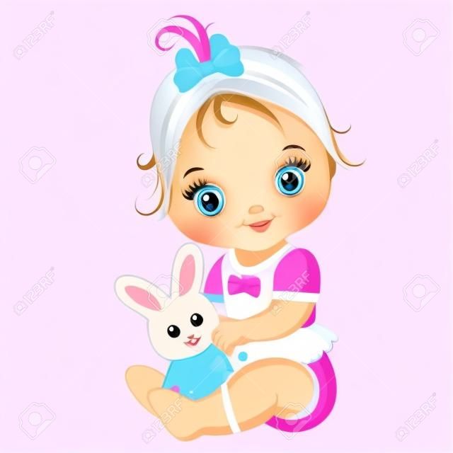Vector schattig baby meisje met speelgoed konijn. Vector baby meisje. Baby meisje vector illustratie