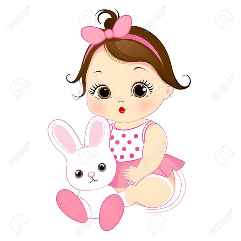 Mignonne petite fille de vecteur avec lapin jouet. Vecteur bébé fille Illustration vectorielle de bébé fille