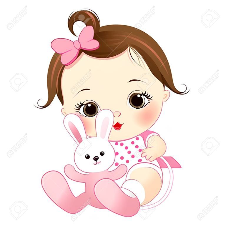 Vector schattig baby meisje met speelgoed konijn. Vector baby meisje. Baby meisje vector illustratie
