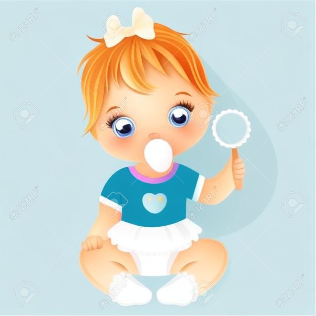 Vector cute baby girl with rattle sitting. Vector baby girl. Baby girl vector illustration