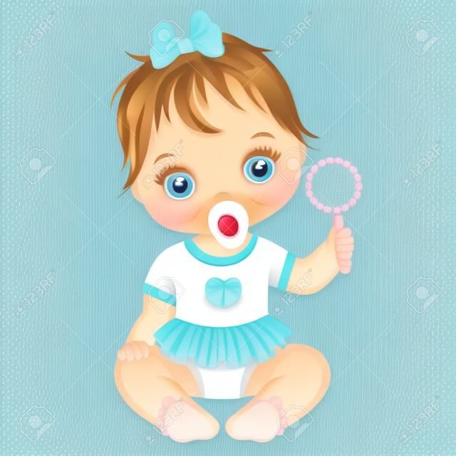 Vector cute baby girl with rattle sitting. Vector baby girl. Baby girl vector illustration
