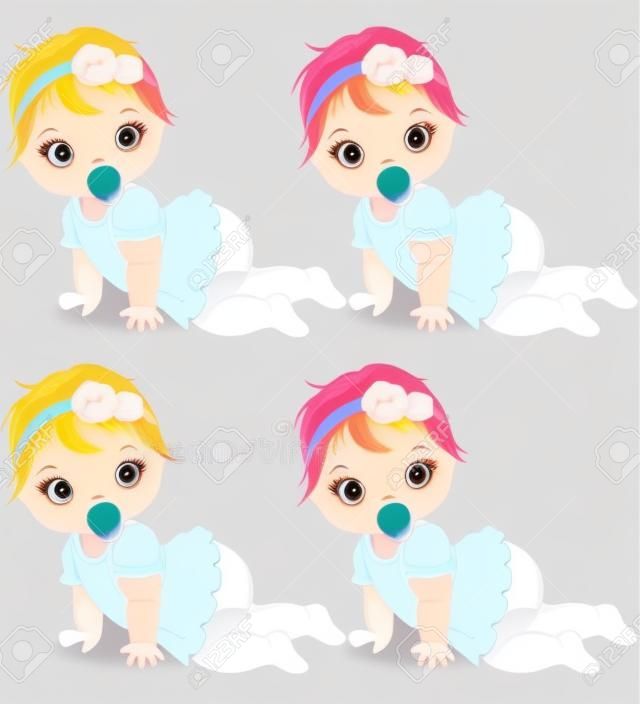 Vecteur mignon bébé filles rampant. Vecteur bébé filles avec différentes couleurs de cheveux. Vecteur bébé fille Bébés filles vector illustration.