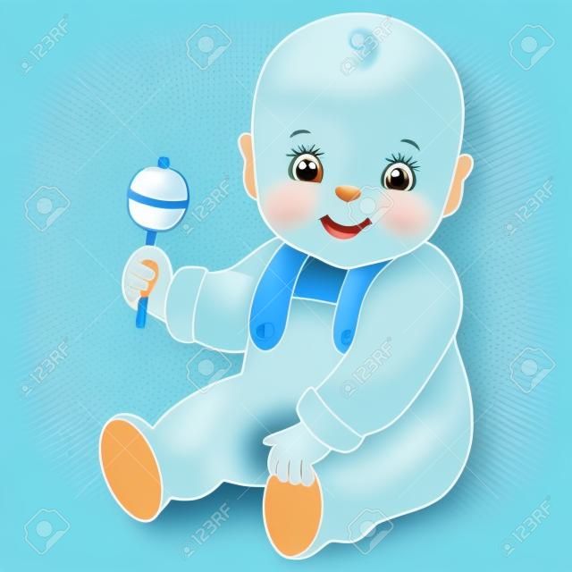 Vector cute baby boy with rattle sitting.