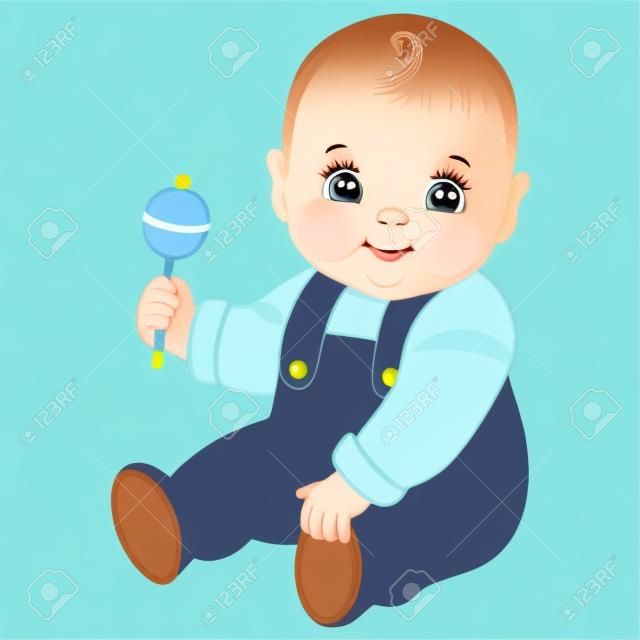 Vector cute baby boy with rattle sitting.