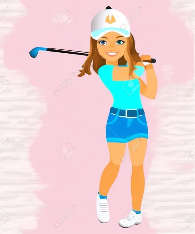 Vektör güzel genç kız, golf oynamak. Vektör golfçü. Küçük kız oynama golf vektör illüstrasyon