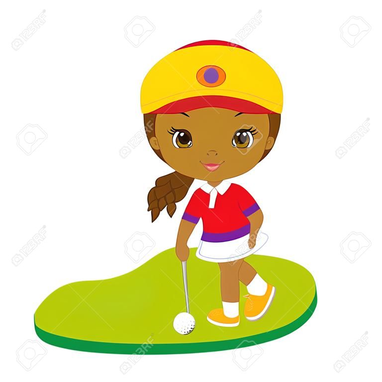 Vektor aranyos kis afrikai amerikai lány golfozni. Vektor kislány. Kis golfozó vektoros illusztráció