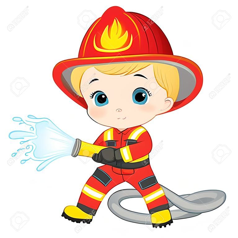 Feuerwehrmann Netter kleiner blonder Junge mit Feuerwehrschlauch