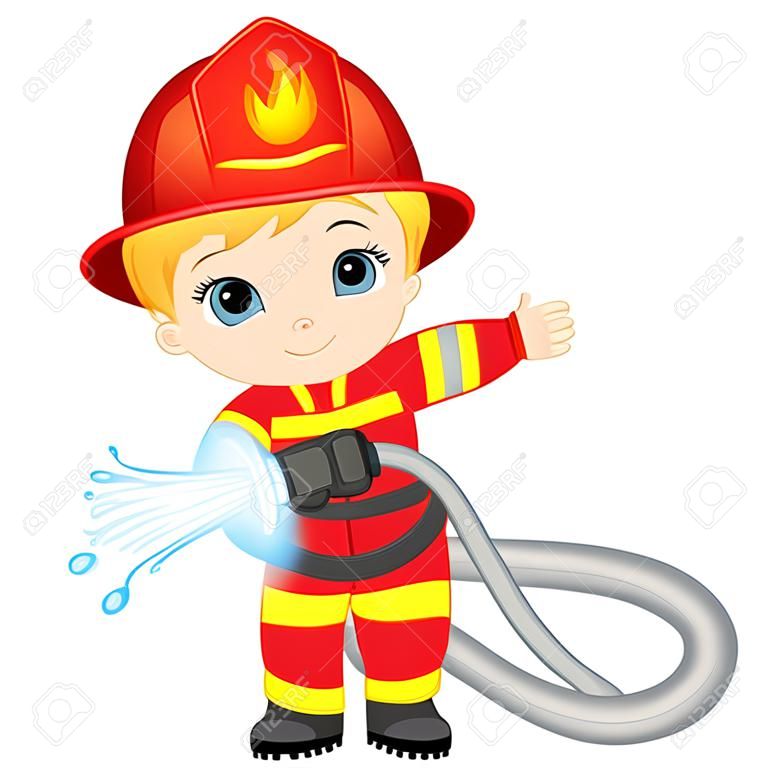 Pompiere carino ragazzo biondo con manichetta antincendio
