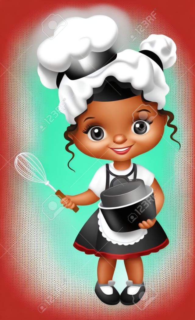 Cute Little Black Girl Wearing Chefs Toque Mixing Flour in Bowl. Vector Cute Little Chef