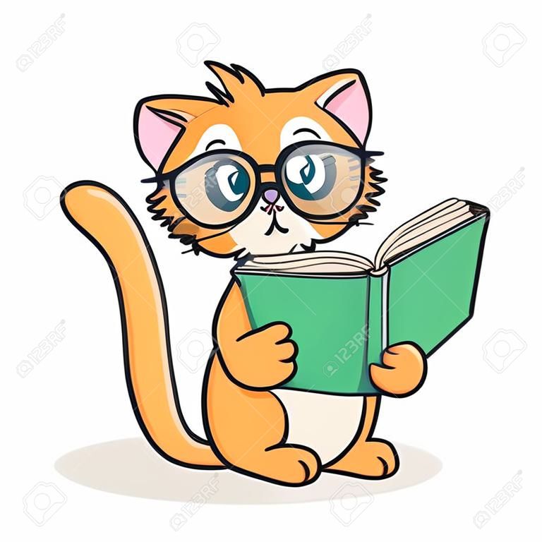 petit chat de bande dessinée avec de grosses lunettes lit le livre sur un fond blanc