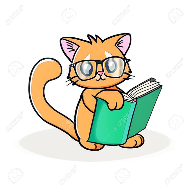 little funny cartoon cat with big glasses reads the book on a white background