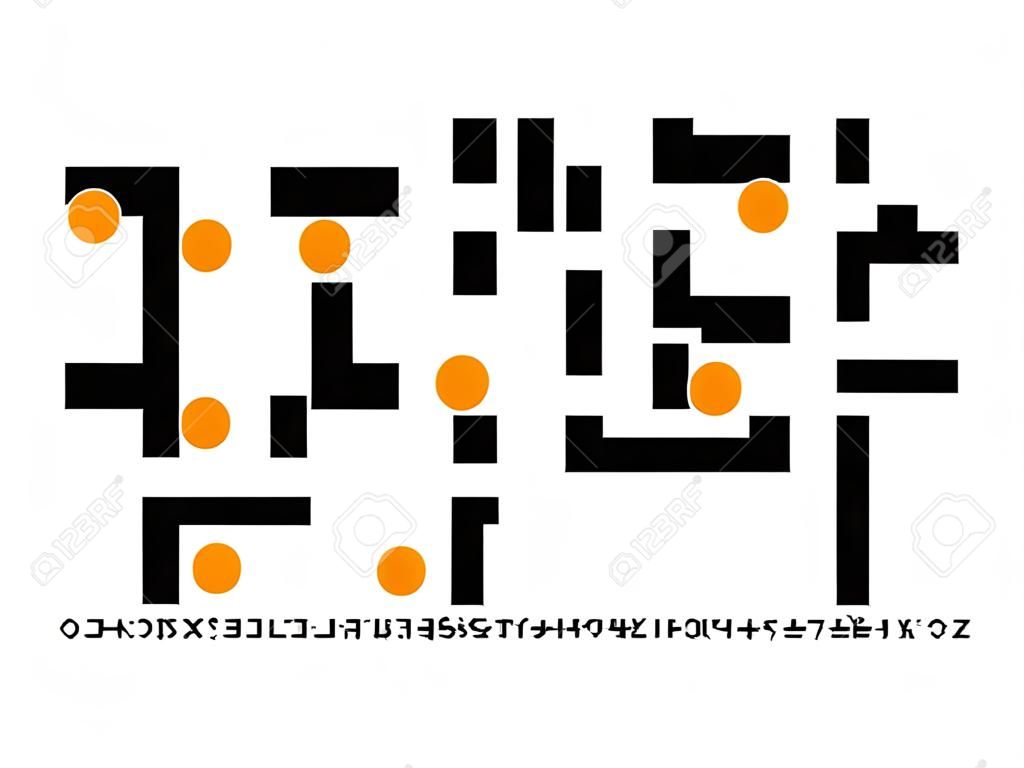 ピクセルデジタルフォント、流行の幾何学的なアルファベット、太字の文字とモザイクスタイルで作られた数字のセット