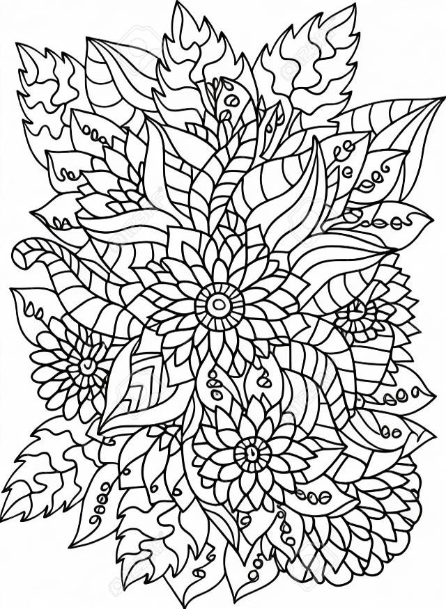 手繪花朵和葉子為成人抗應激。在白色背景與高細節的著色頁隔絕的。從草圖跟踪製作。墨水筆。放鬆和冥想的圖案。