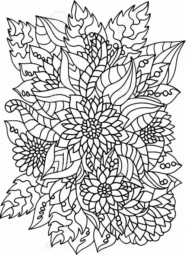 성인 안티 스트레스를위한 손으로 그린 꽃과 나뭇잎. 흰색 배경에 고립 된 높은 세부 색칠 페이지. 스케치에서 추적하여 만들었습니다. 잉크 펜. 휴식과 명상을위한 패턴.