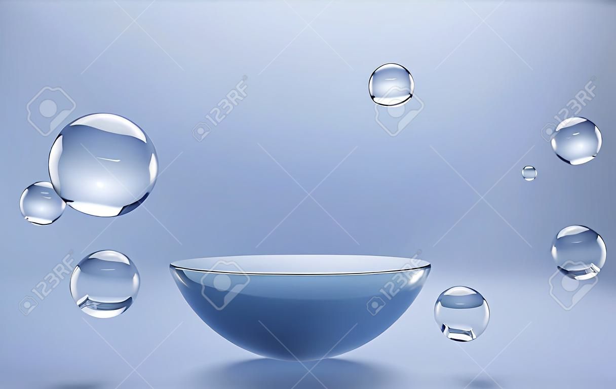 Podium z kulami pęcherzyków powietrza na niebieskim tle aqua. makieta abstrakcyjnej geometrycznej sceny półkuli, pusta platforma z płynnymi kulkami lub kroplami do wyświetlania produktu podwodnego realistyczna ilustracja 3d