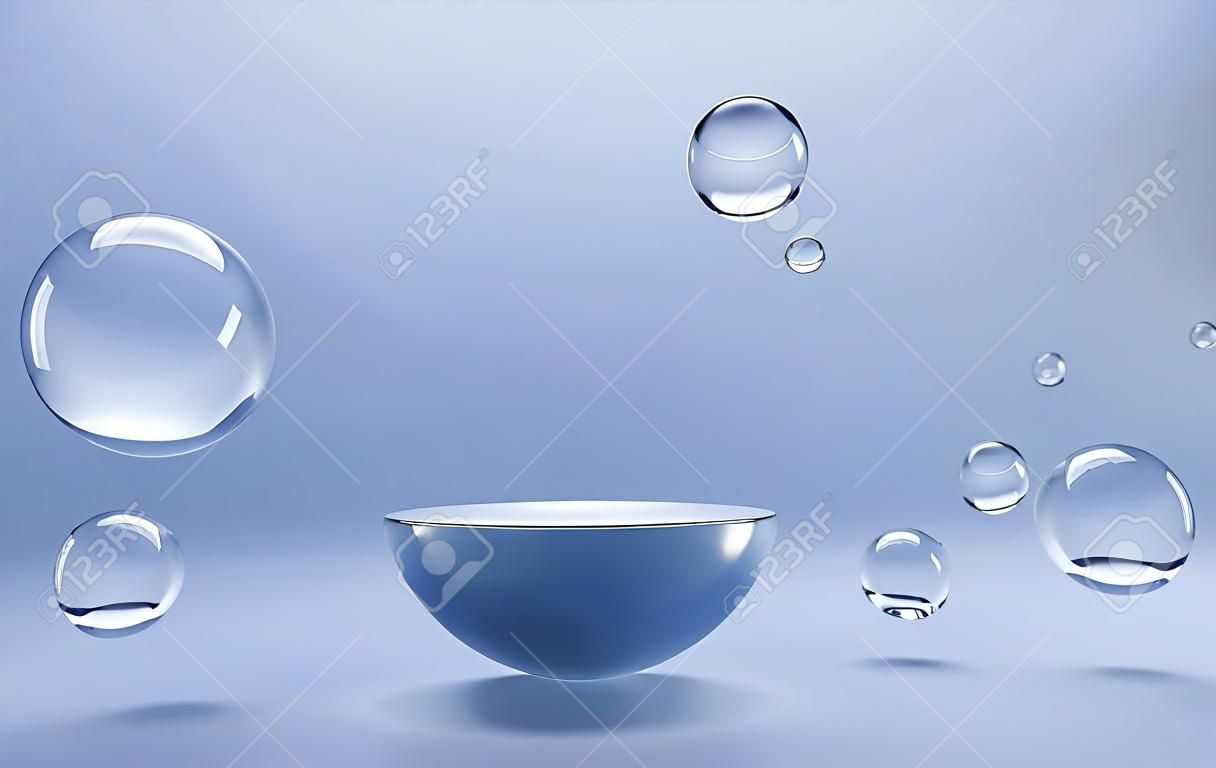 青い水色の背景に気泡球と表彰台。抽象的な幾何学的な半球ステージ、水中のディスプレイ製品のための液体ボールまたはドロップを備えた空のプラットフォームをモックアップ現実的な3Dイラスト
