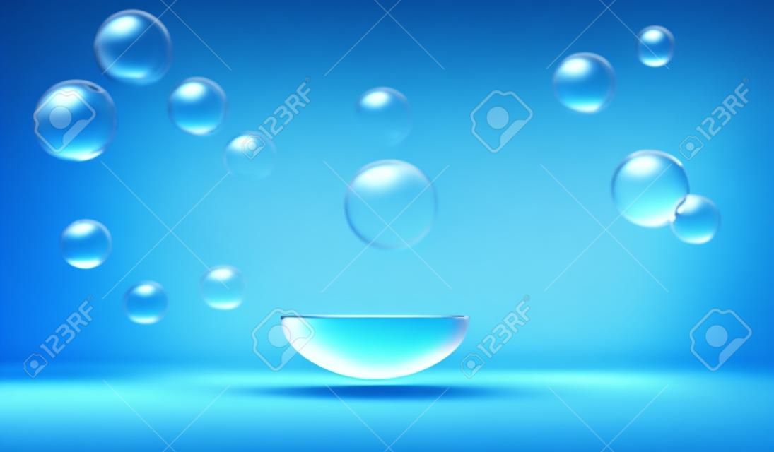 3d render, blauw podium met rond helder bubbels water op zee achtergrond. Template drijvende abstracte geometrische podium, platform met zeep bollen of vloeibare ballen voor display product cosmetische, tentoonstelling